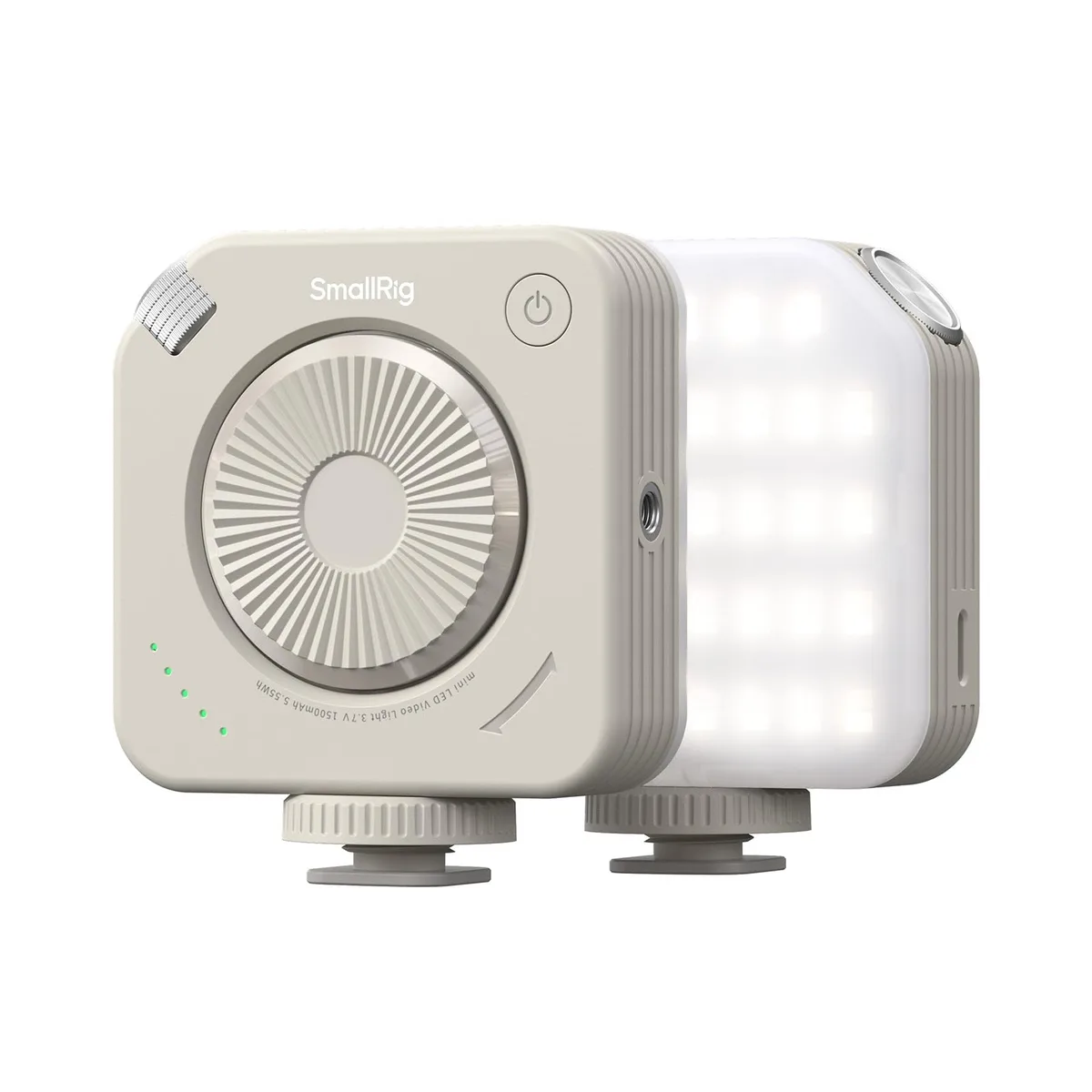 Small square LED video light in Morandi Gray finish, cold shoe mount on base