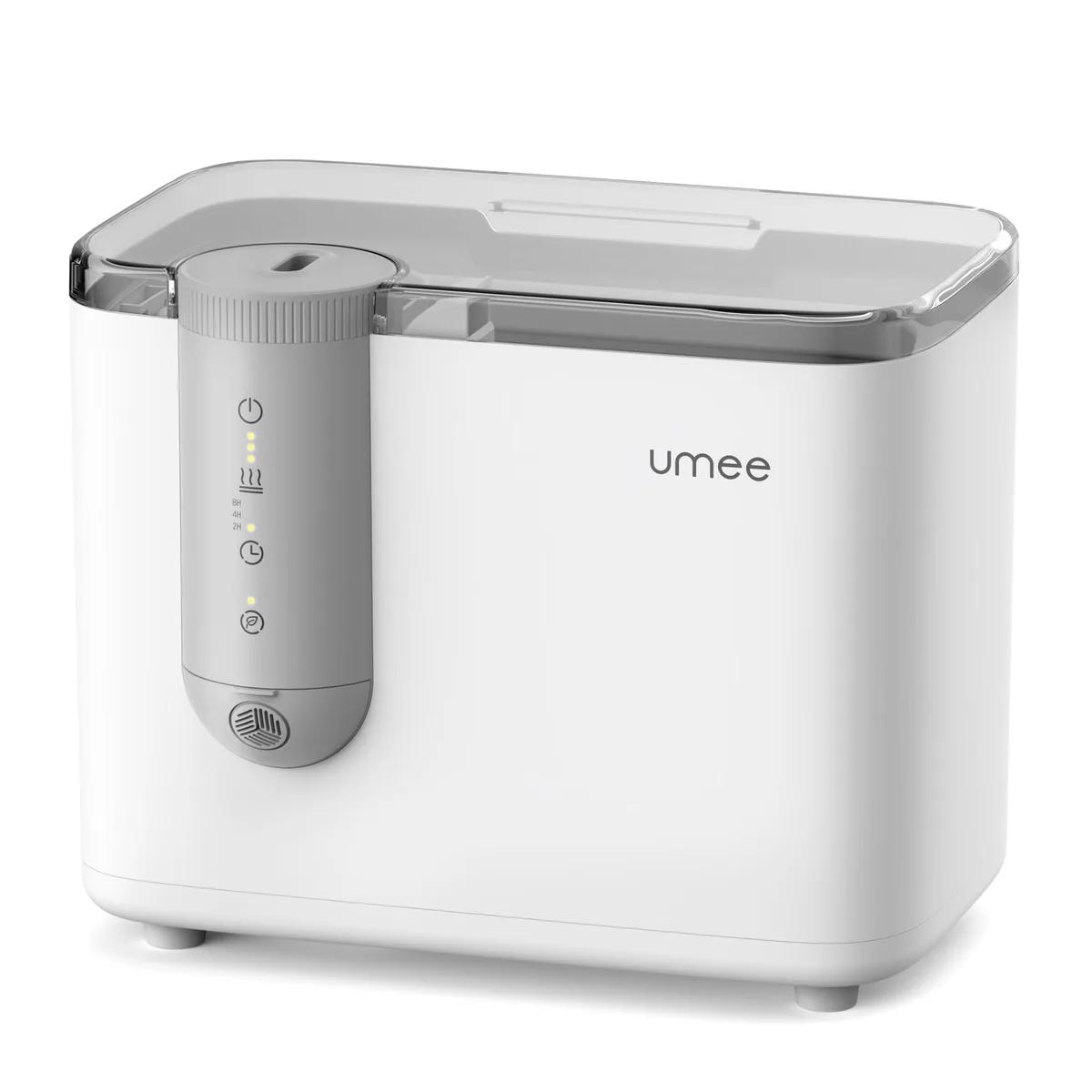 White square humidifier with round mirror top, black finish, 10.59 by 7.32 by 8.58 inches