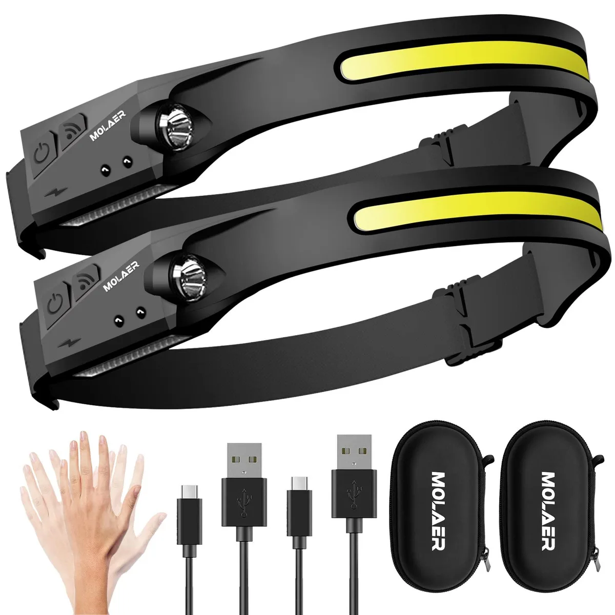 Two black LED headlamps with wide silicone straps and USB-C ports