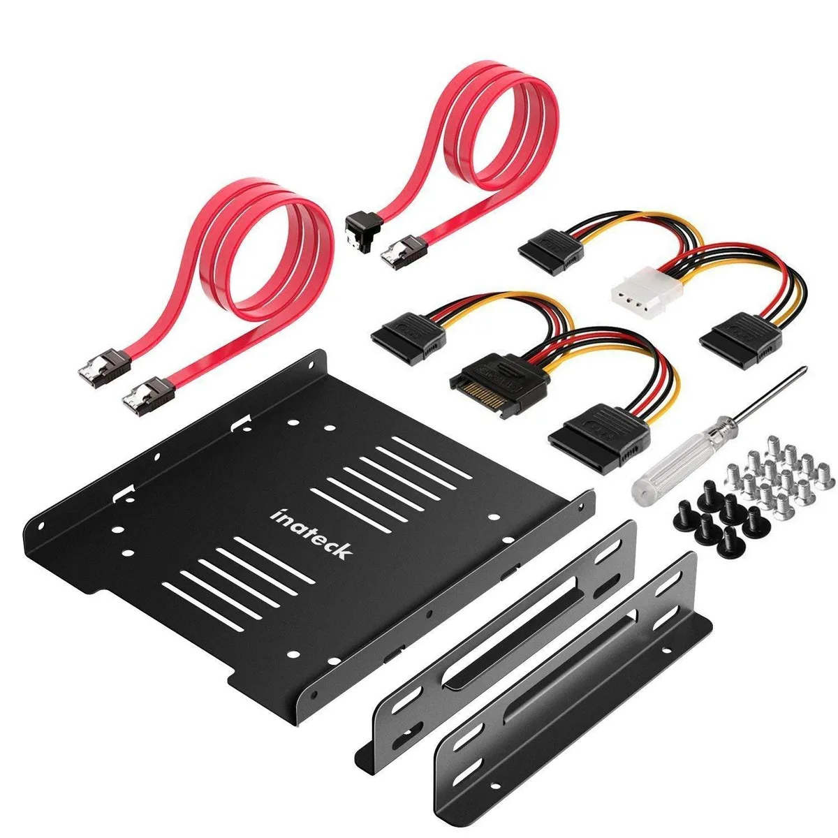 Black metal bracket with detachable side wings, two SATA data cables and two power cables included