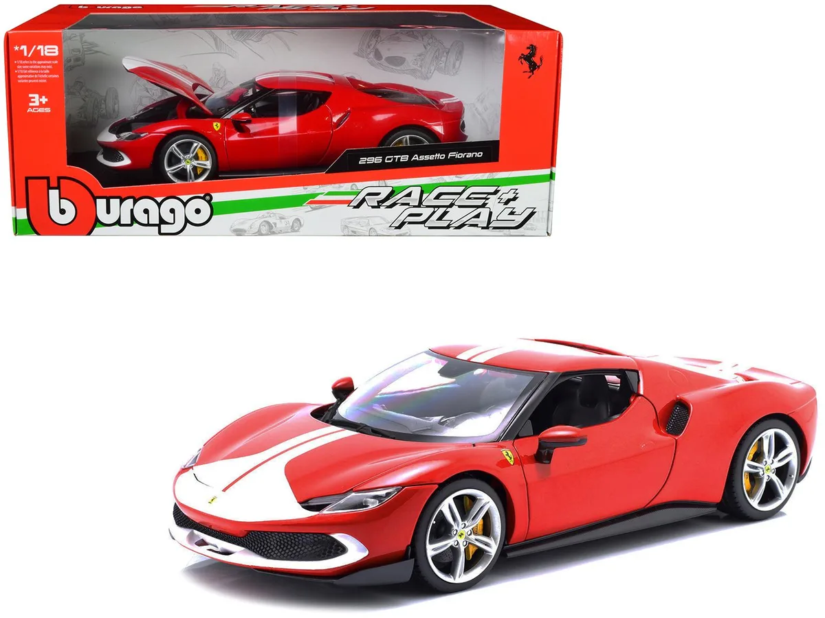 BBURAGO BBURAGO Ferrari 296 GTB Assetto Fiorano Red White Stripes Race Play 1/18 Diecast — product photo