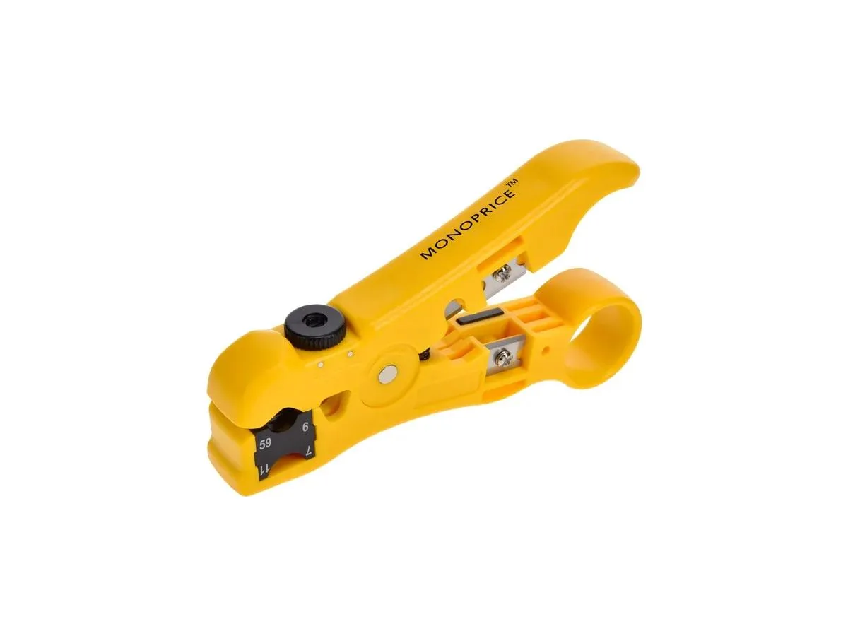 Compact hand tool with adjustable blade and thumb screw, reversible cassette for coaxial cable, integrated cutter