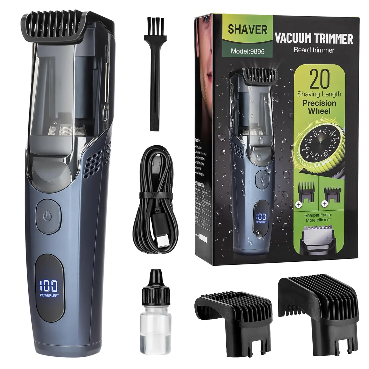Black vacuum beard trimmer with adjustable combs and internal hair chamber