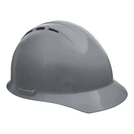 Gray polyethylene hard hat with four-point ratchet suspension and front brim