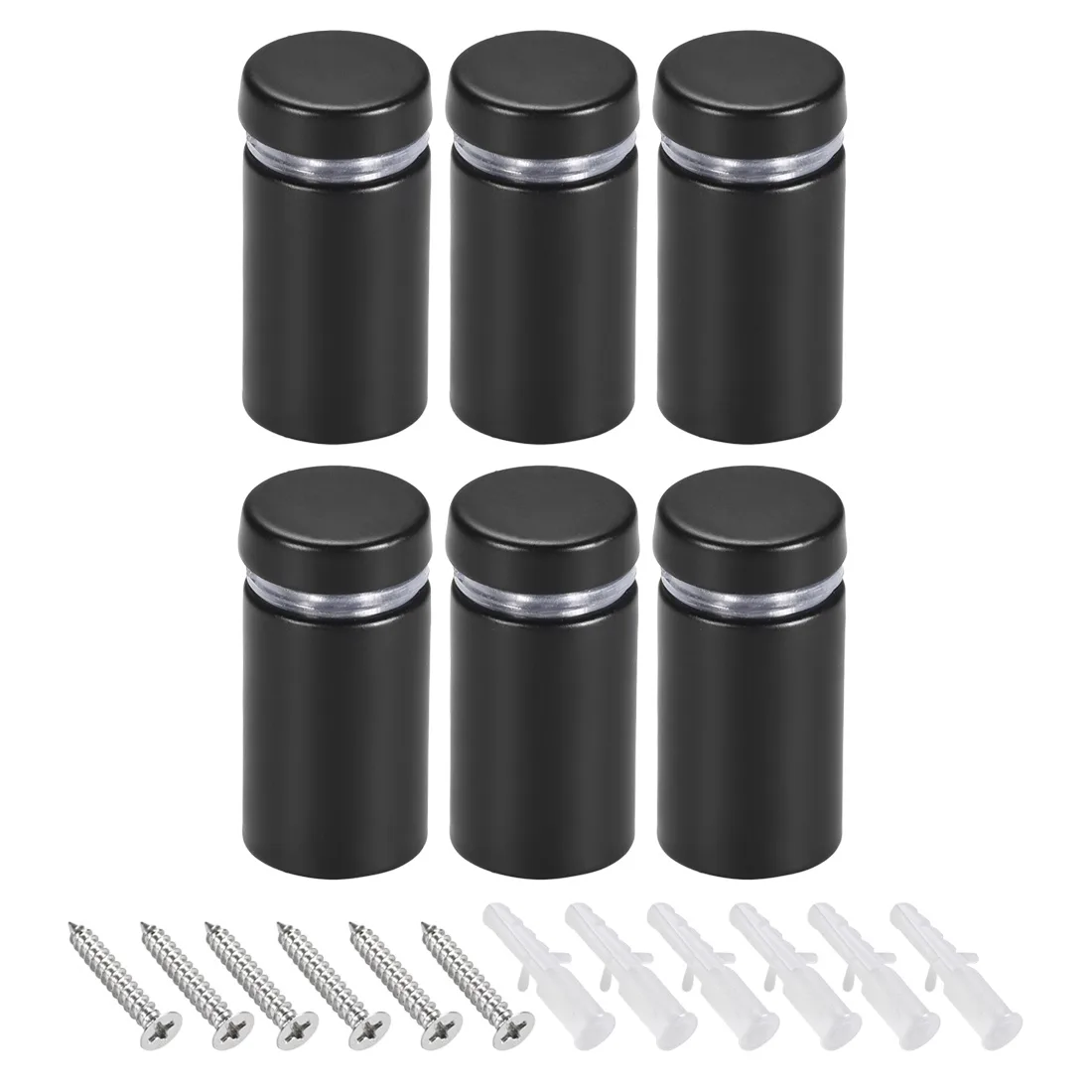 Six black cylindrical standoff mounts 16mm diameter 32mm length with screws