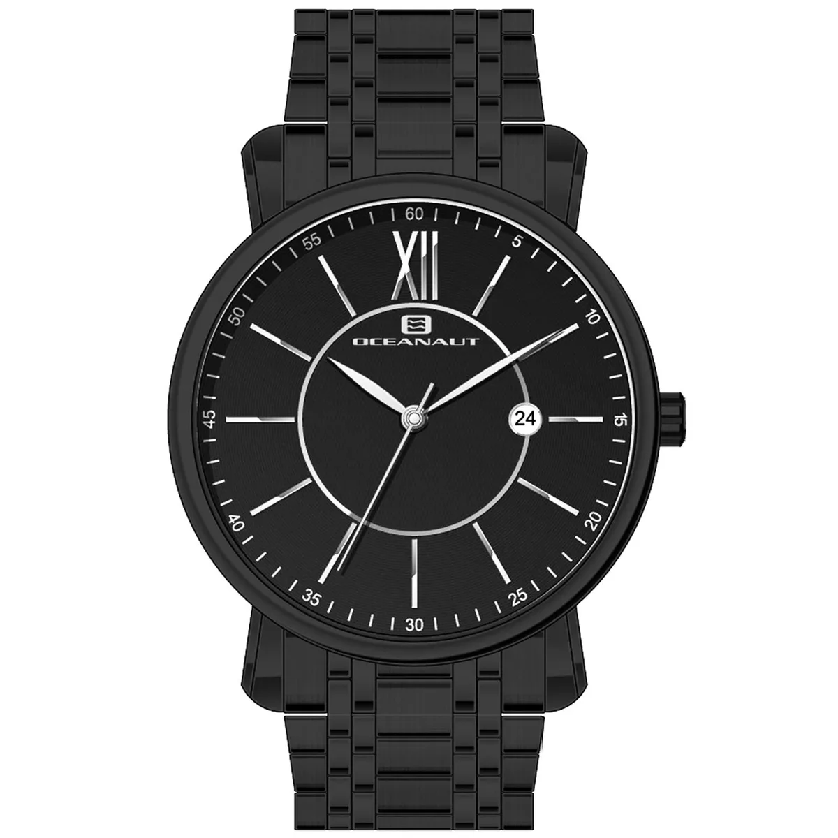 Stainless steel watch with black dial and metal bracelet