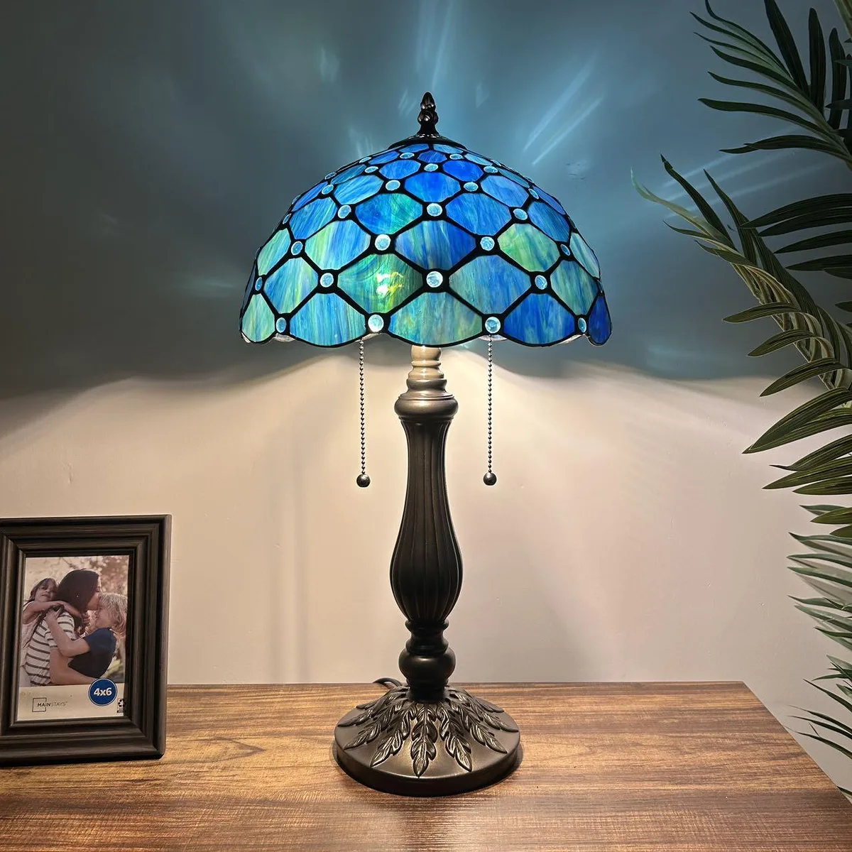 XIN CHENG TIFFANY LIGHTING XIN CHENG TIFFANY LIGHTING Tiffany Style Table Lamp Blue Green Stained Glass Crystal Beans LED Bulbs 12"W 22"H — product photo
