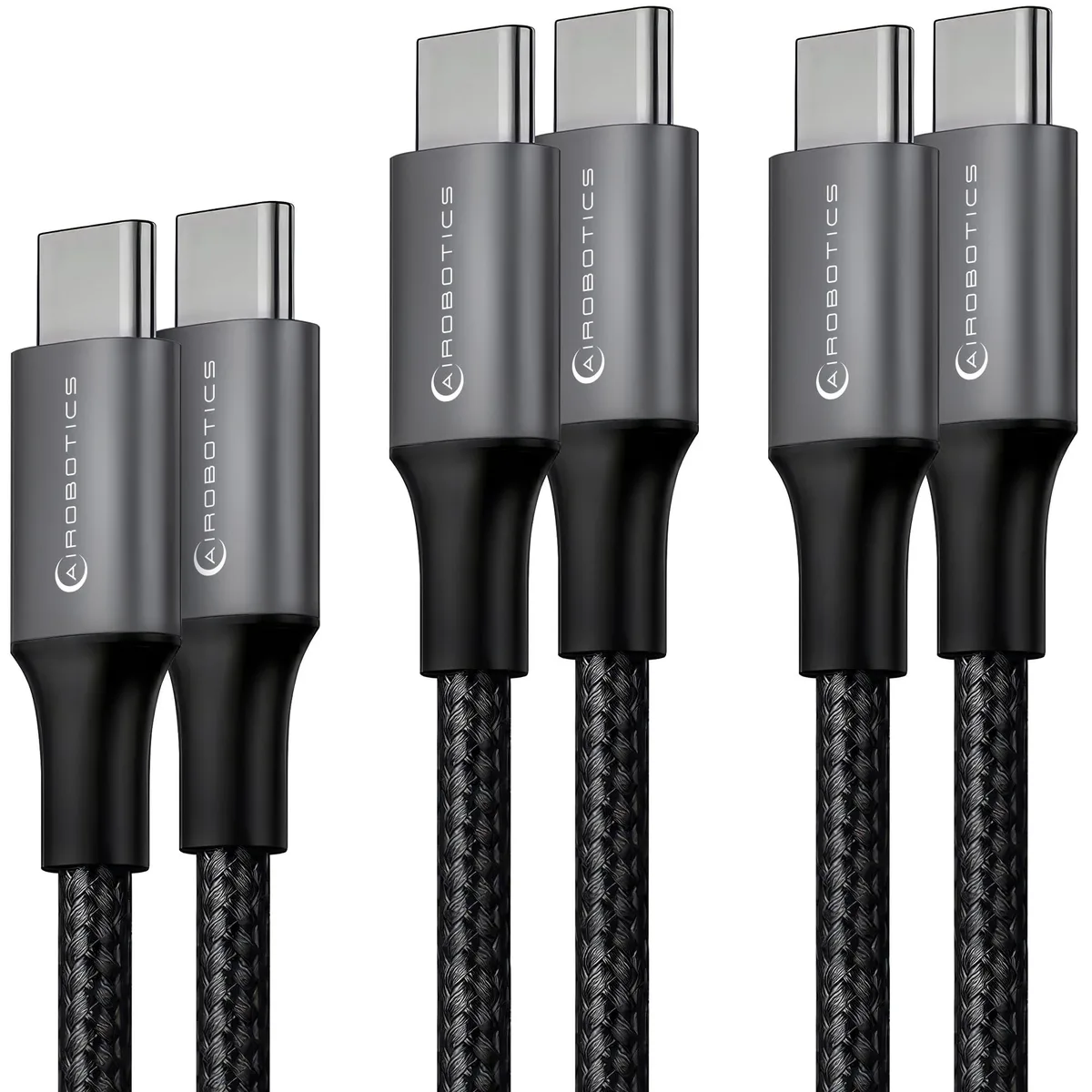 Three orange braided USB-C cables in 3.3ft and two 6.6ft lengths
