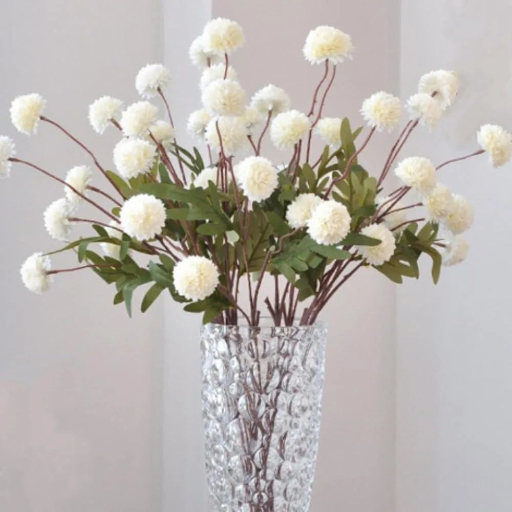 Six white pompon chrysanthemums on 20-inch wired stems in a box
