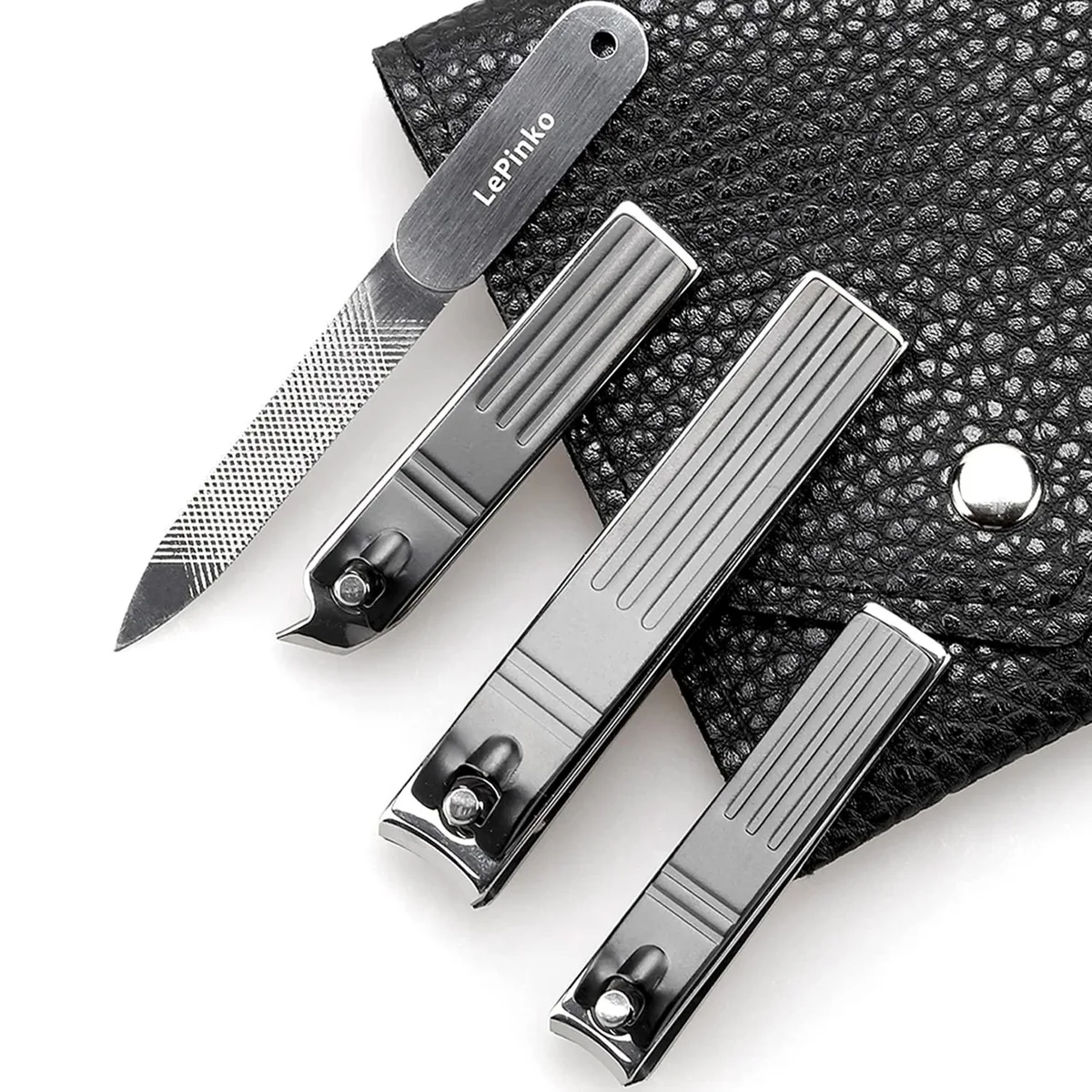 Black stainless steel four-piece nail clipper set in PU case