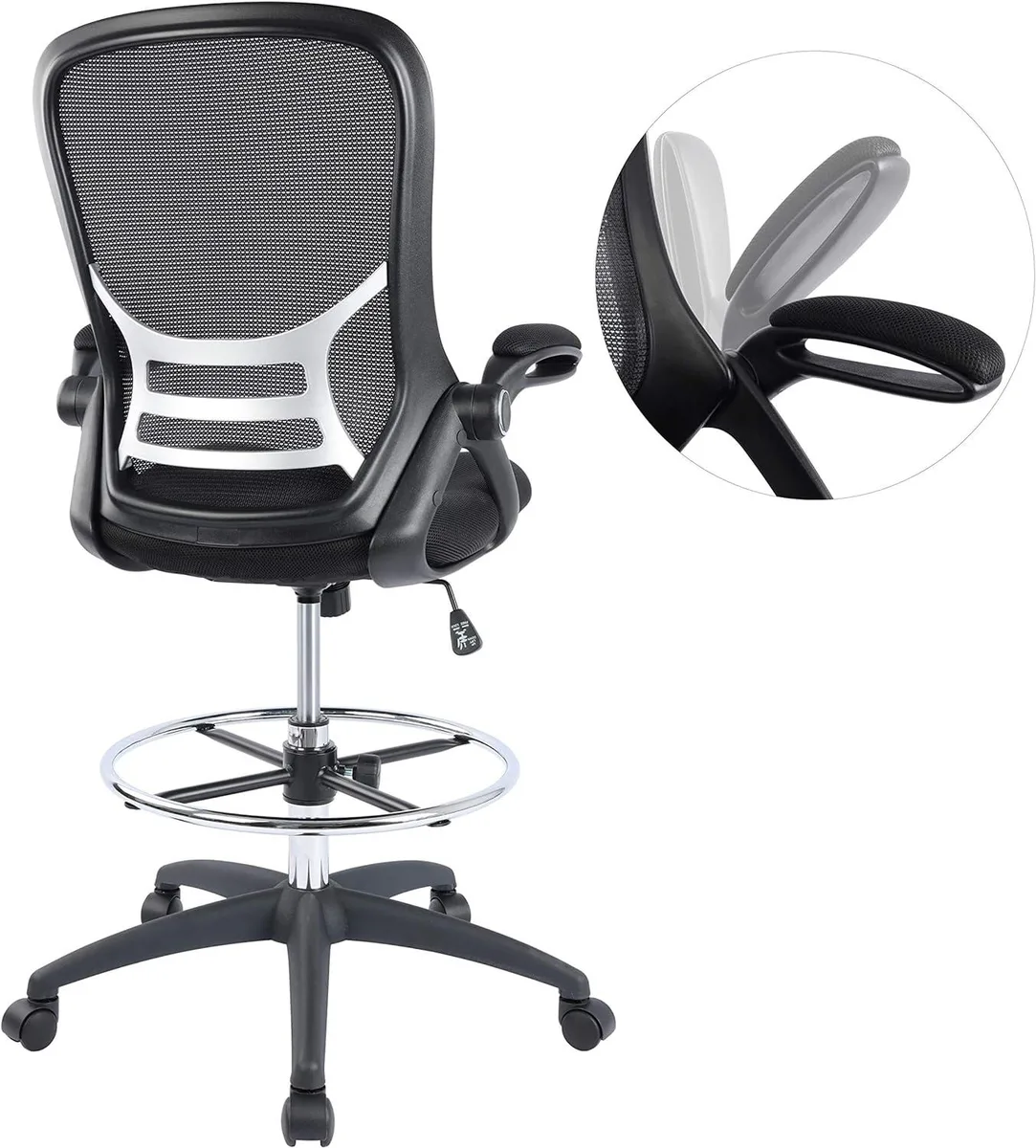 PISKEKAT PISKEKAT High-Back Mesh Drafting Chair with Adjustable Foot Ring and Flip-Up Arms (Black) — product photo