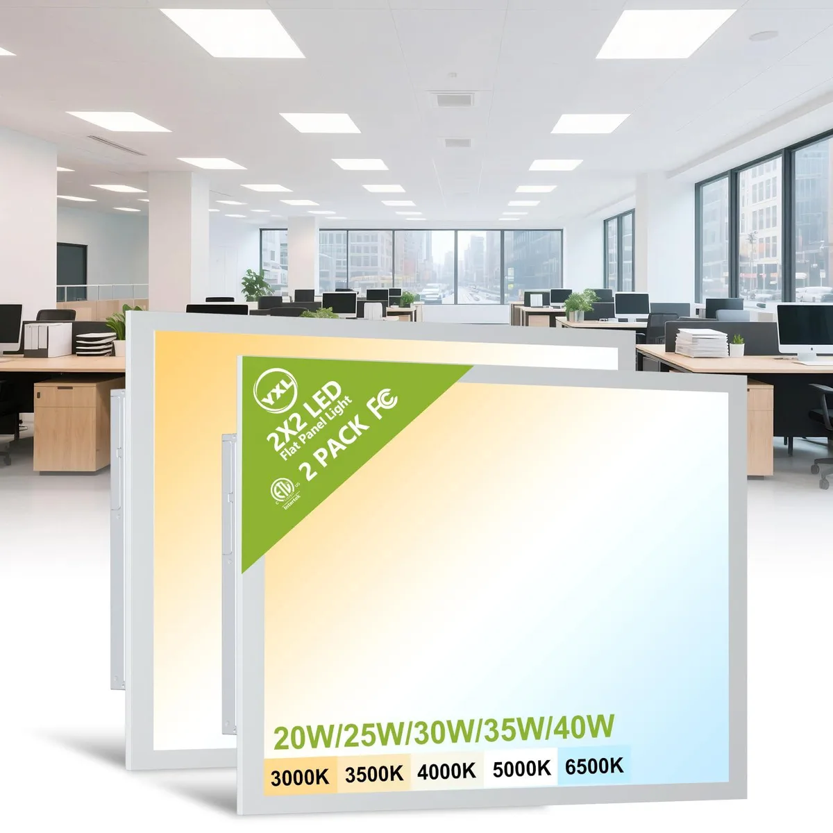 Two square white LED flat panels with acrylic lenses, surface-mount design, thin profile