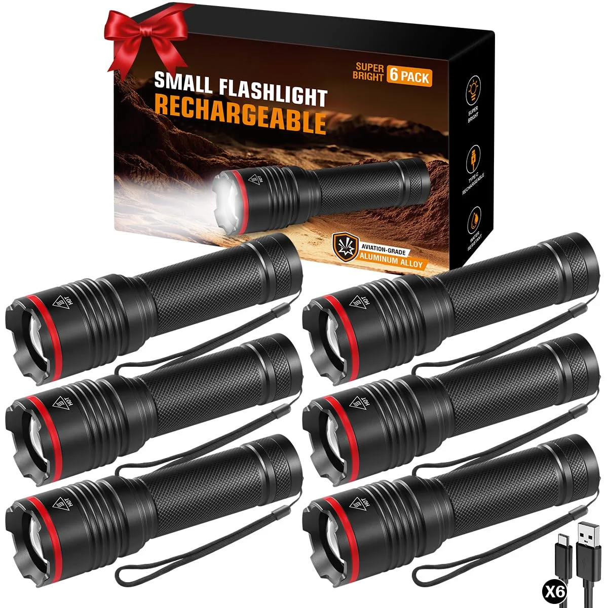 Six small black rectangular aluminum flashlights with USB-C ports