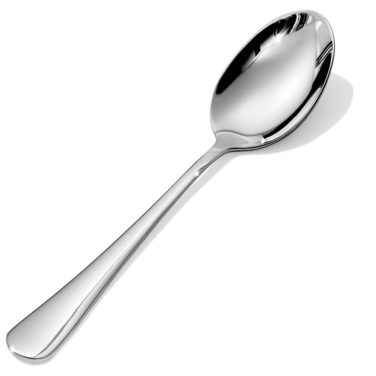 Four silver stainless steel dinner spoons with classic mirror-polished handles lying side by side