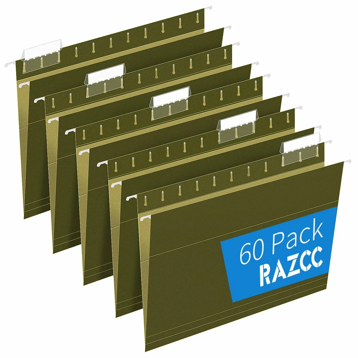 Green hanging file folders in a 60-count pack with clear adjustable tabs and label inserts