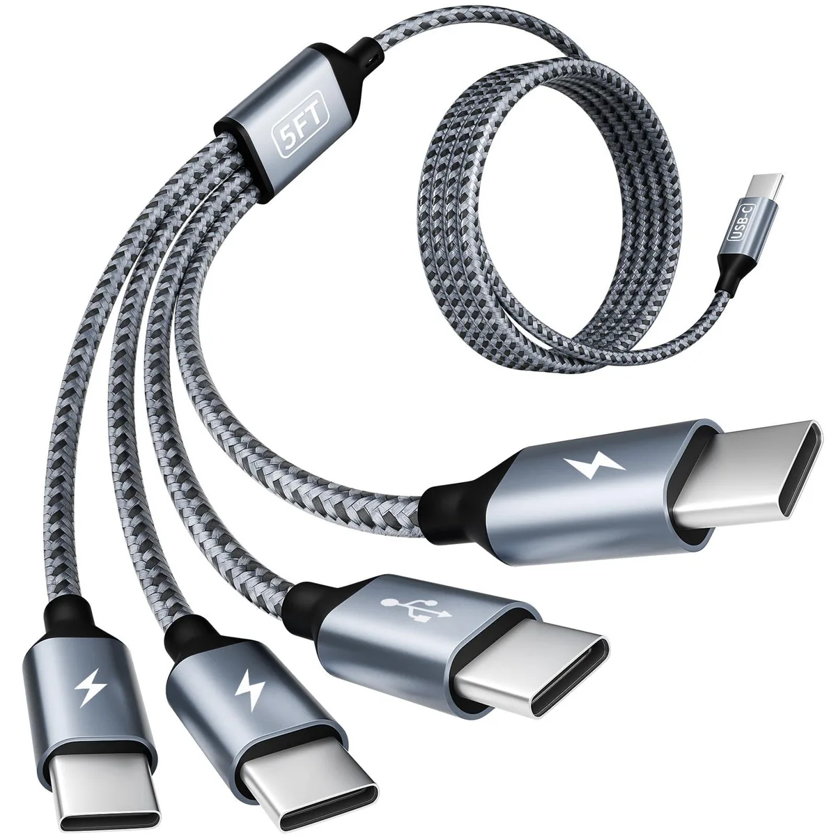 Grey and black nylon-braided USB-C splitter cable with one input and four output connectors, 5ft long