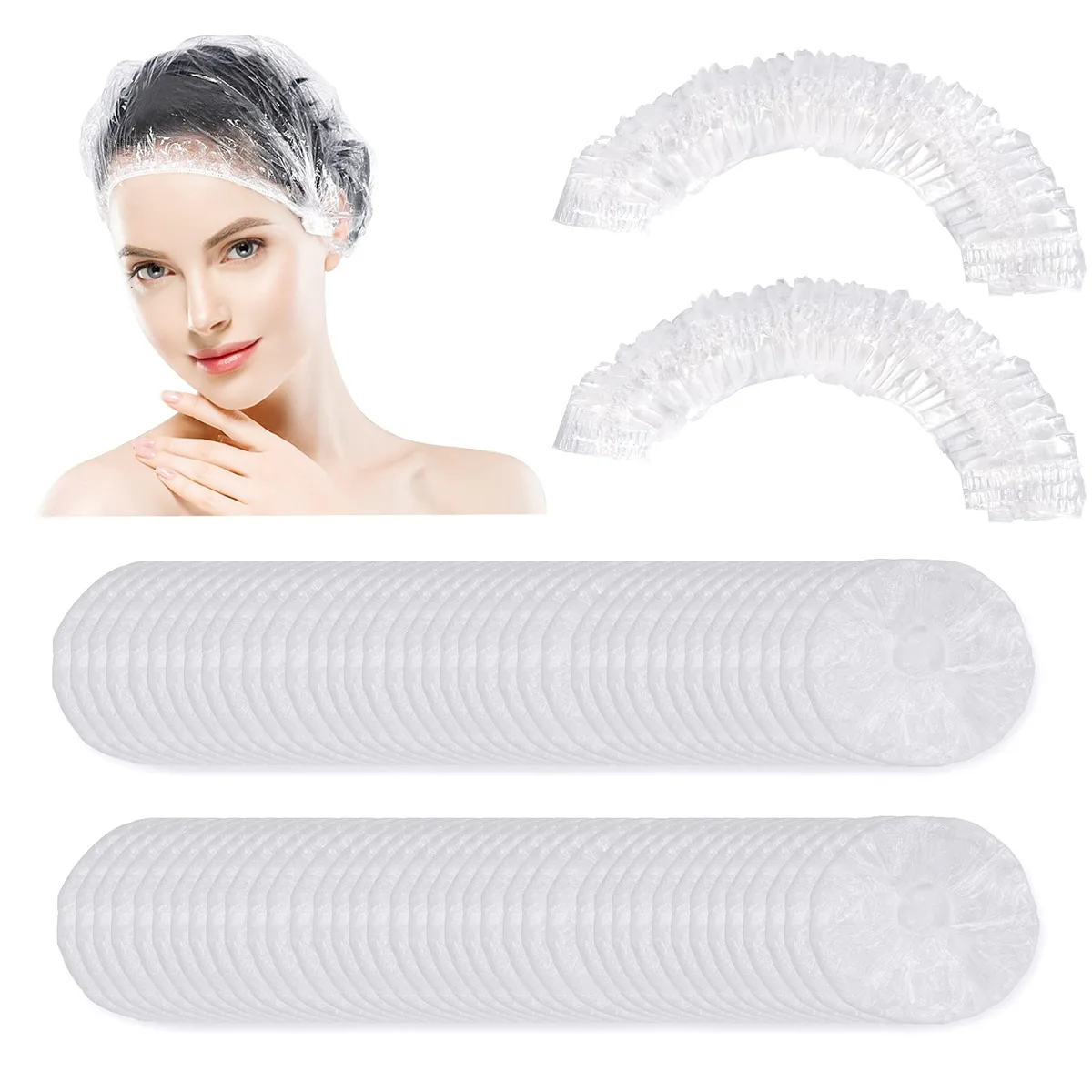 Pack of 150 transparent disposable shower caps 9.8 inches