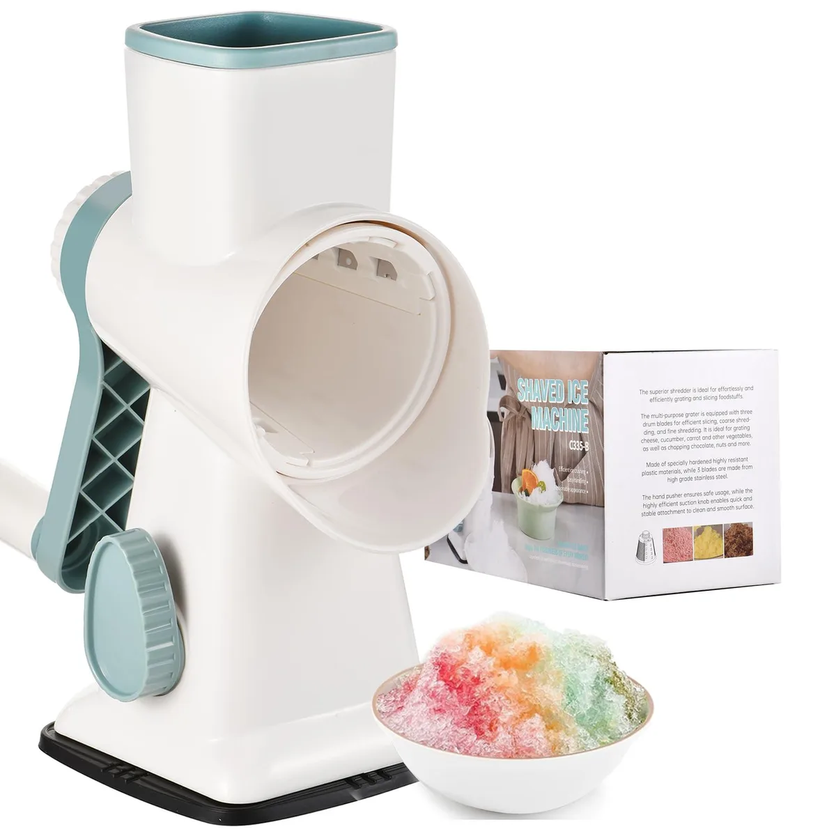 White manual rotary ice shaver with crank handle and suction base, 9.2 by 4.3 inches