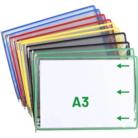 Ten transparent A3 landscape pockets with coloured frames and snap-on index tabs