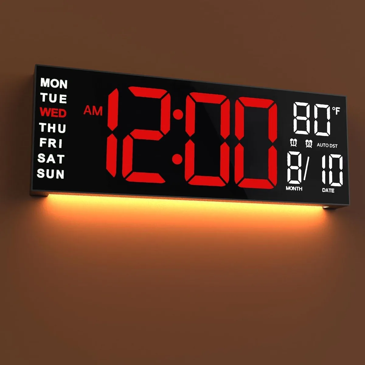 Rectangular digital wall clock with red and white finish, 15.35 inches wide, 5.1 inches high, 1.5 inches deep