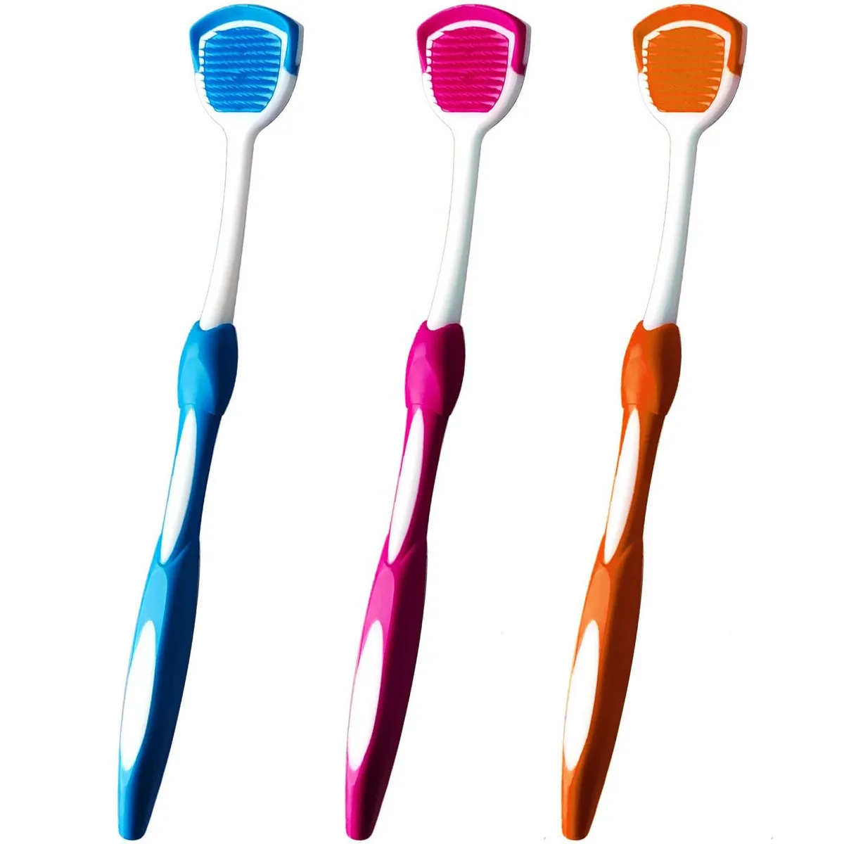 Three plastic tongue cleaners in blue orange and red
