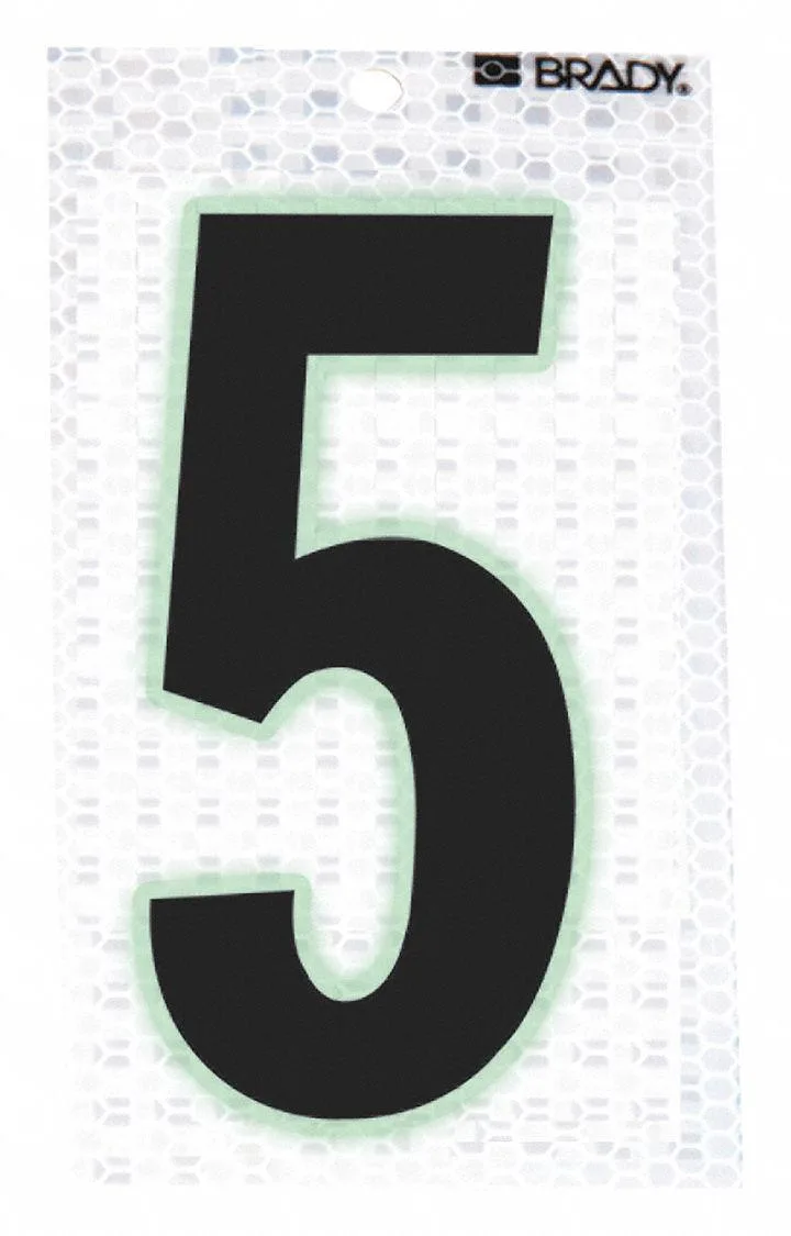 Sheet of ten die-cut vinyl number 5 labels, silver reflective background with black and green character, glow-in-the-dark border
