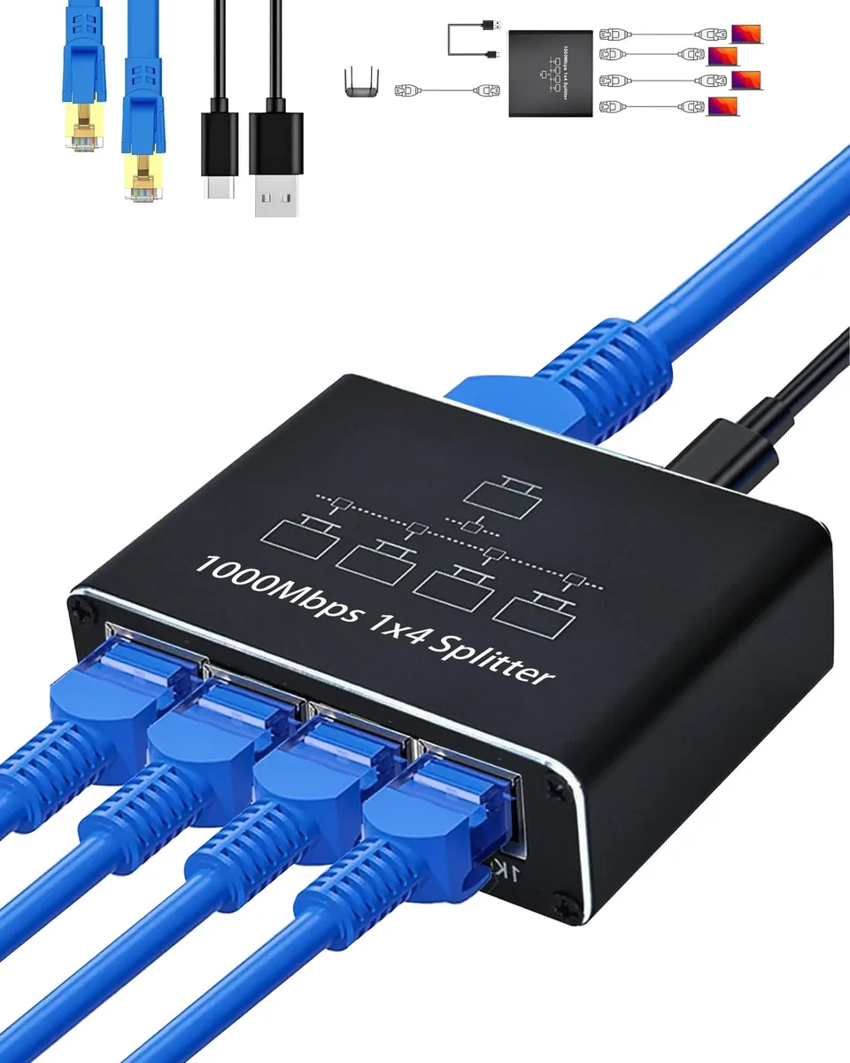 Small rectangular network splitter with four RJ45 ports and a USB power cable, matte black finish