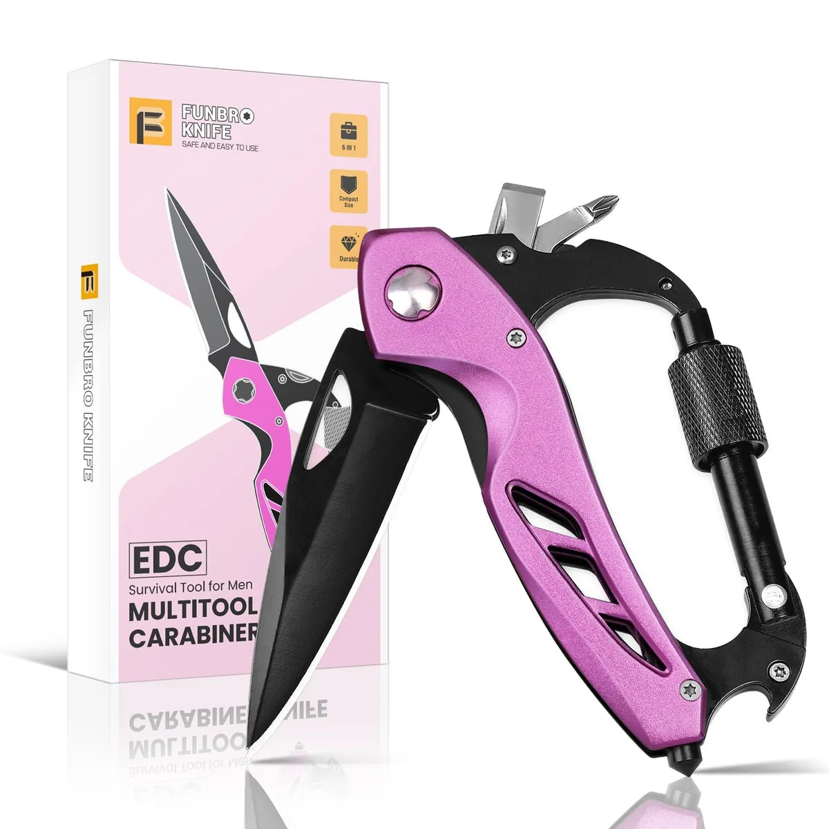 Pink carabiner multitool with knife blade bottle opener glass breaker screwdrivers and gate clip