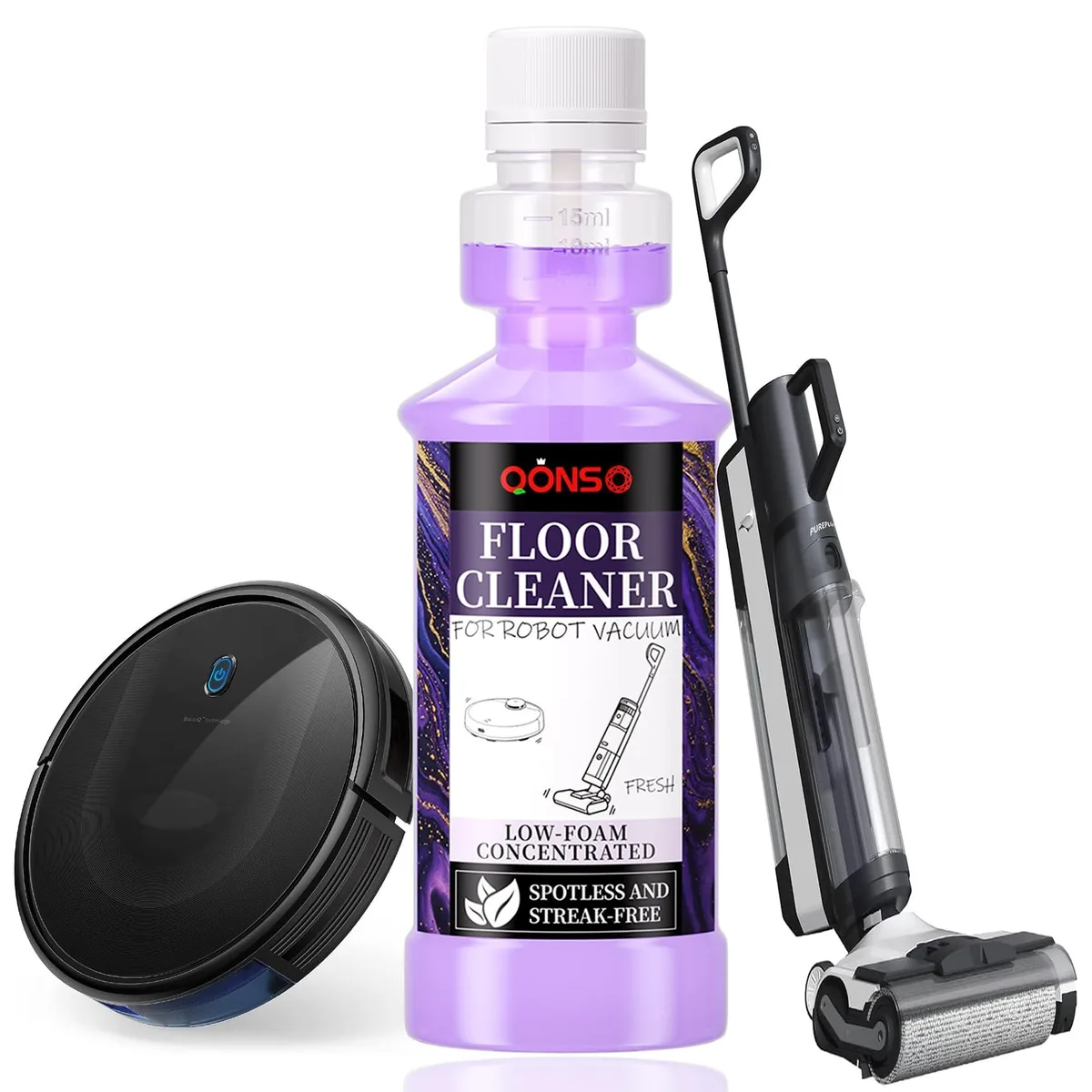 Small white plastic bottle with blue cap and label, 250 ml concentrate for robot vacuums