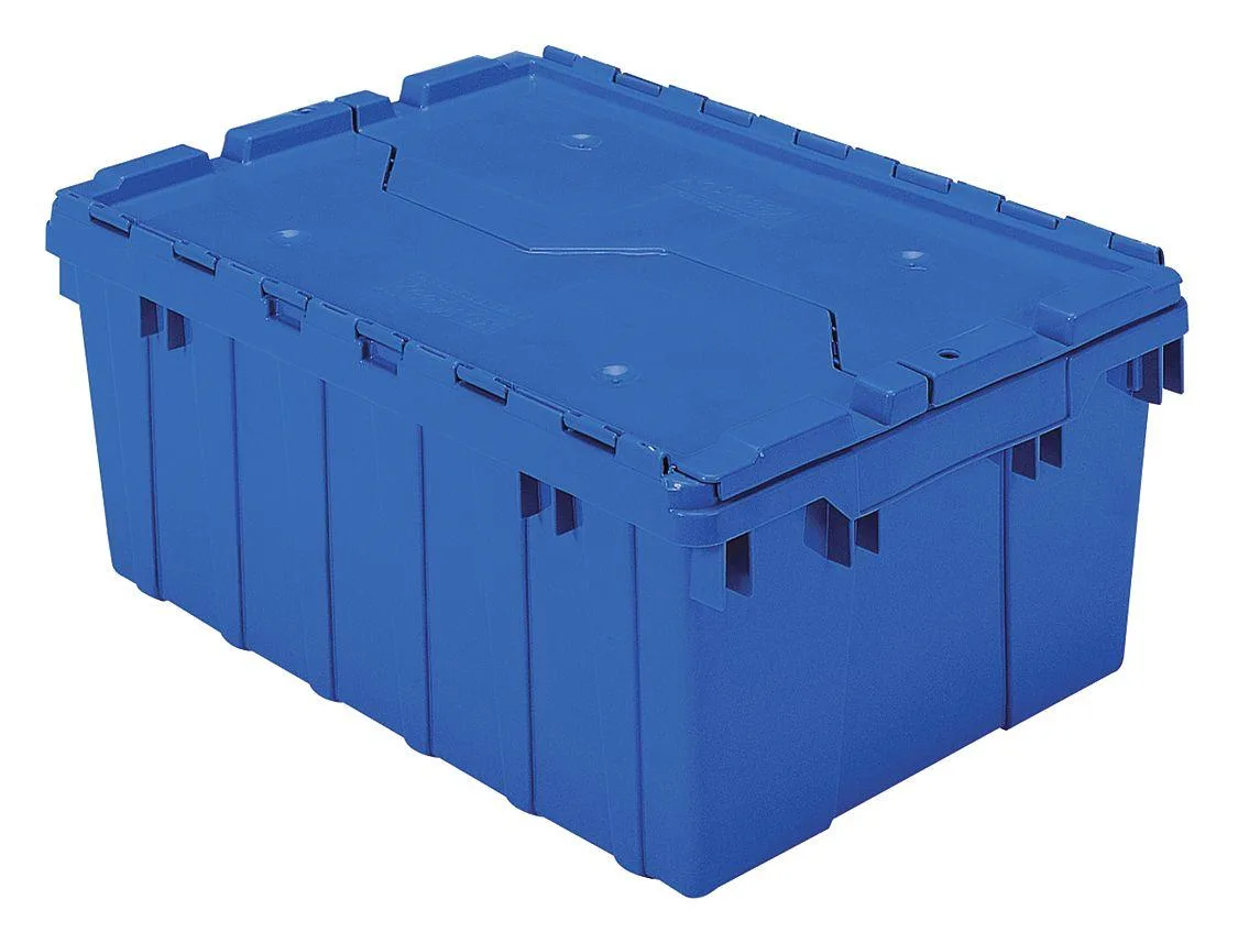 Blue plastic storage tote with attached lid, 21 1/2 in long, 15 1/4 in wide, 9 in high