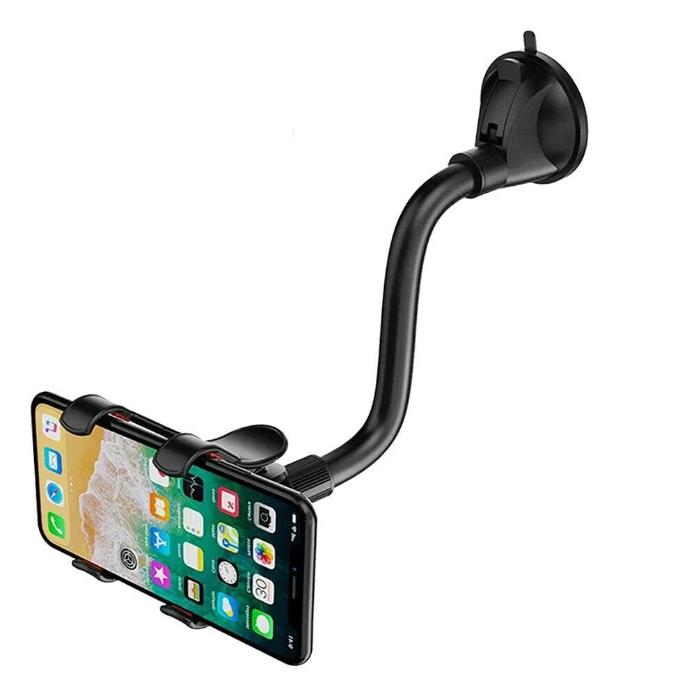 Black plastic phone cradle on flexible gooseneck arm with large suction cup base