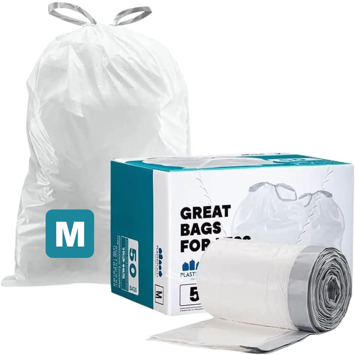  Plasticplace Code M Drawstring Trash Bags 12 Gallon 50 Count White 21.5" x 30.75 — product photo