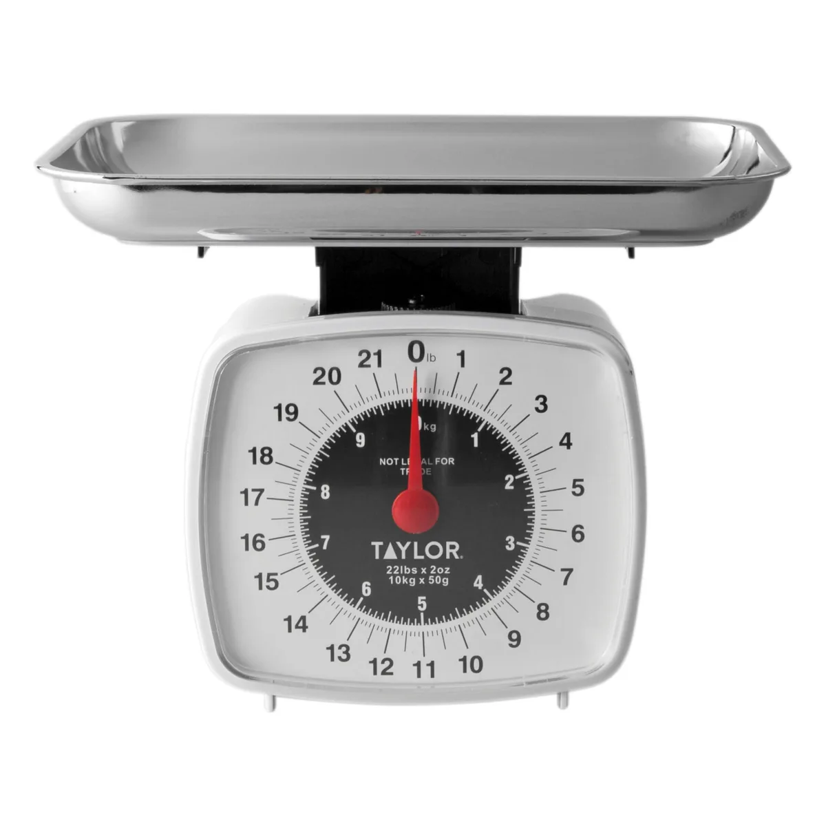 Twelve analog kitchen scales in multicolor plastic with chrome trays and red dials