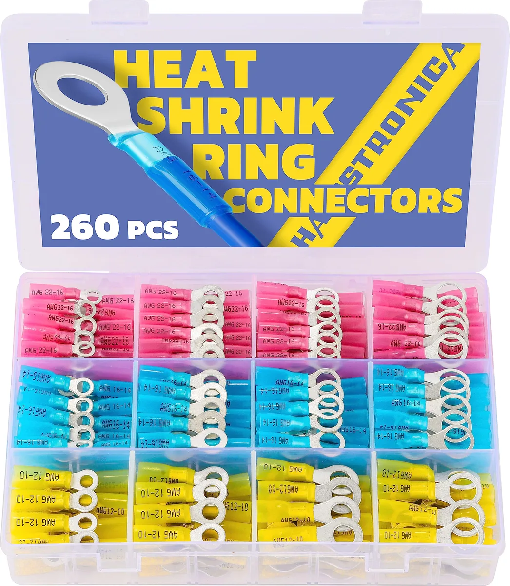 Marine Grade Heat Shrink Ring Connectors 260PCS AWG22-10 #10 1/4" 5/16" 3/8 — product photo