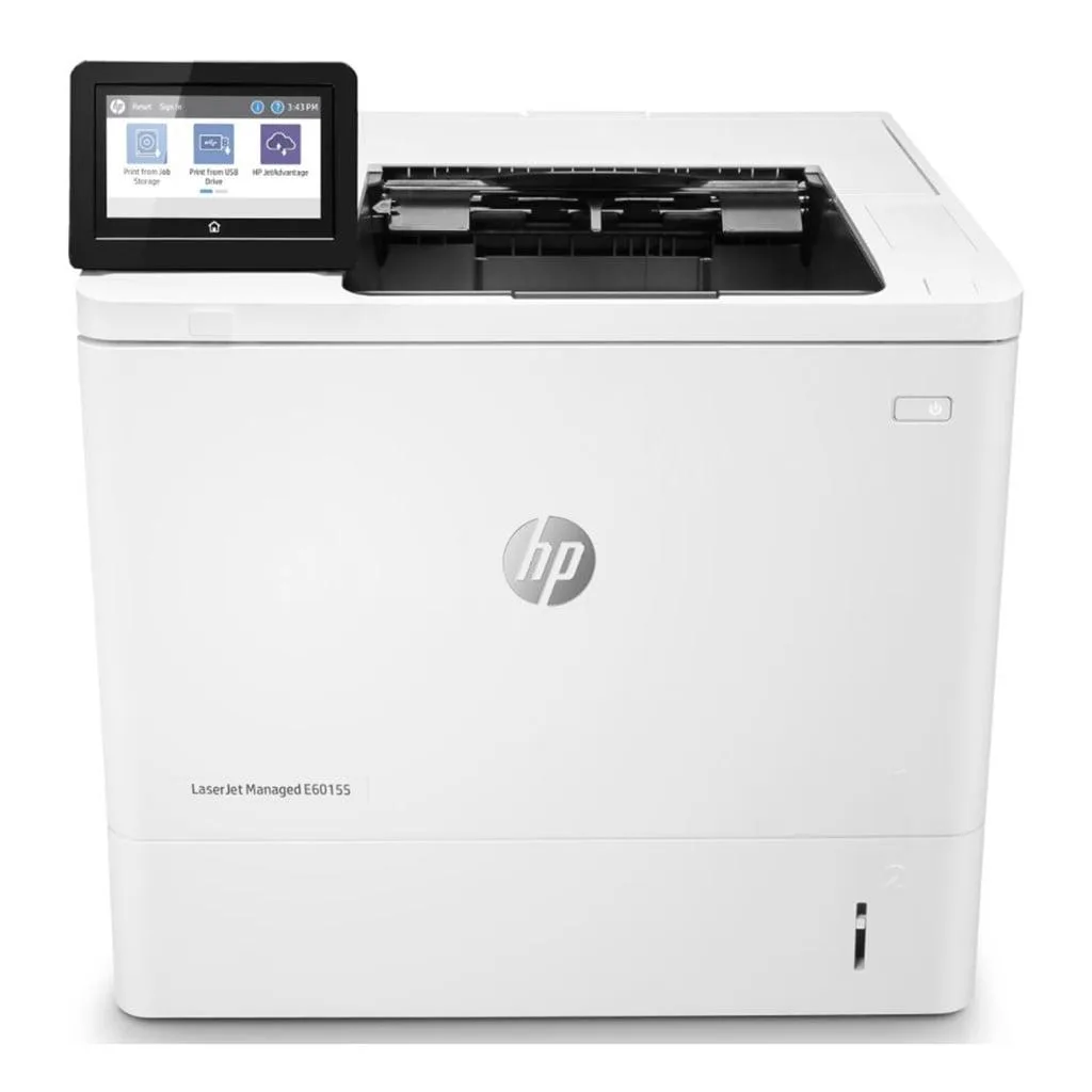 White rectangular office laser printer with 4.3-inch colour touchscreen on front panel