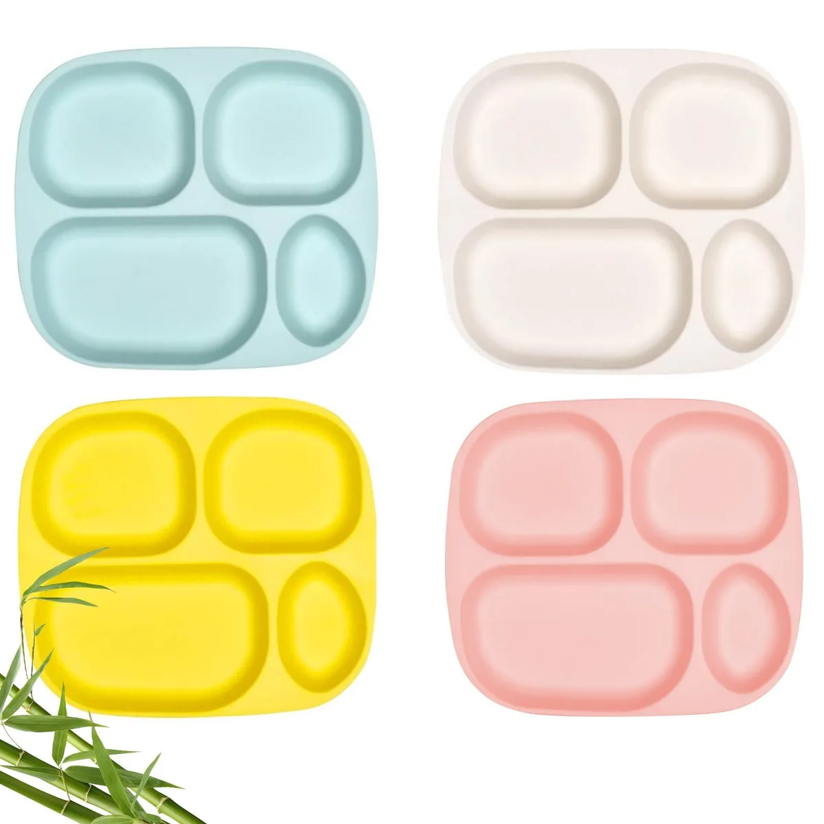 Four square white bamboo-fibre divided plates, 9.4 by 8.4 inches, stacked