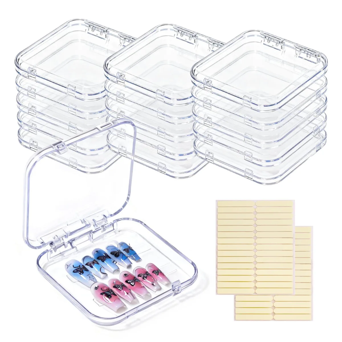 Sixteen clear glossy acrylic boxes with double-sided tapes