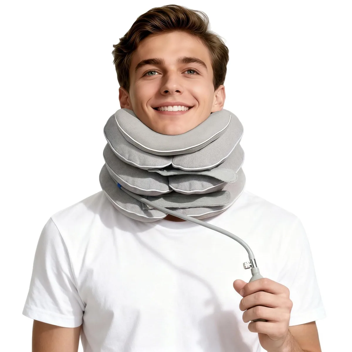 Black inflatable neck traction collar folded flat showing air valve and chin support straps
