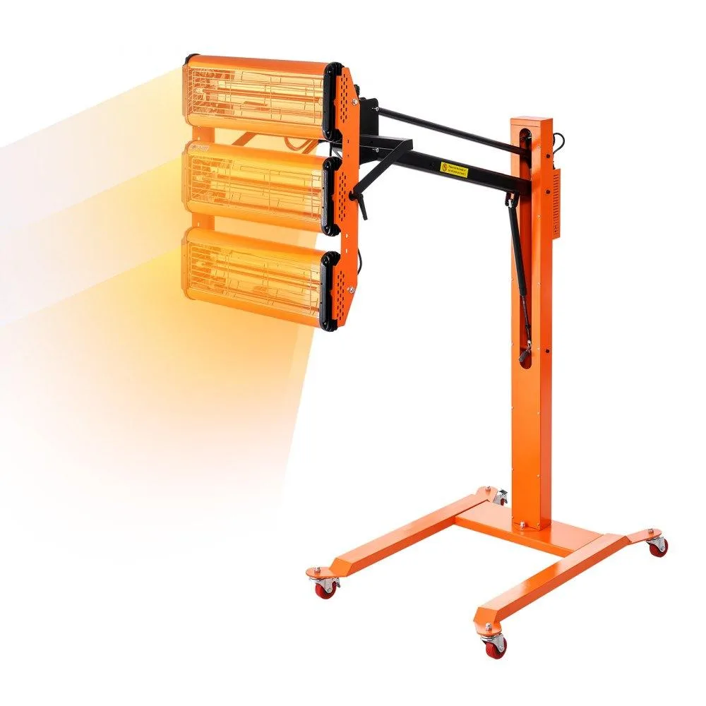 Three-head infrared curing lamp on wheeled hydraulic stand with adjustable arms