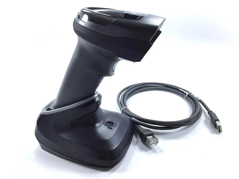 Black handheld 2D barcode scanner with USB cable and charging cradle