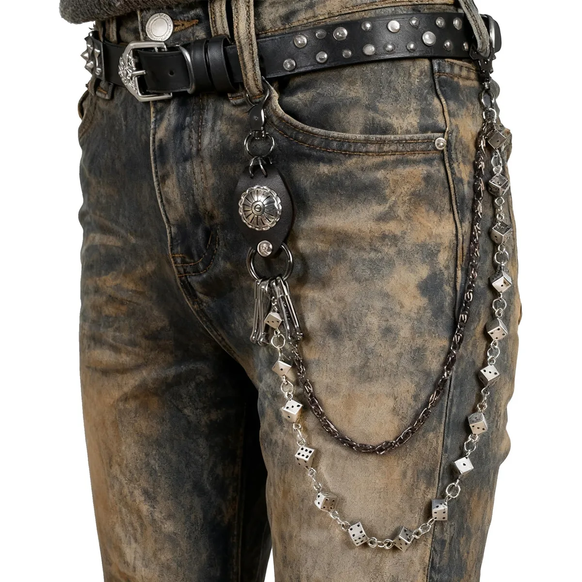 Black leather wallet chain with silver dice accents, 23 inches long