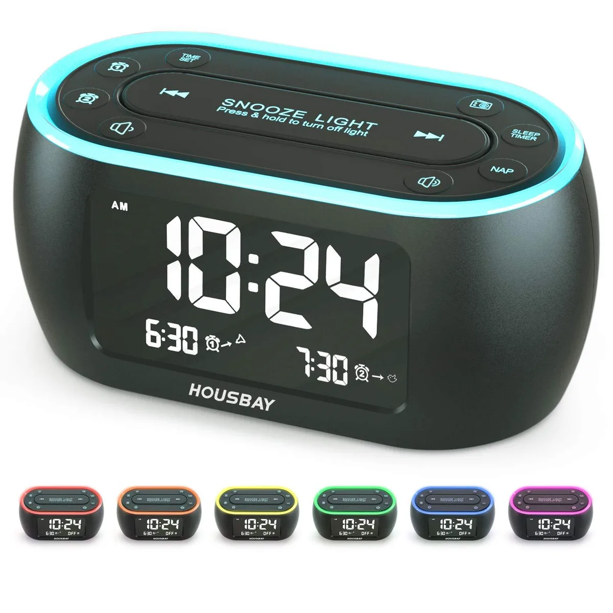 Compact black rectangular LED alarm clock radio with night light and USB port
