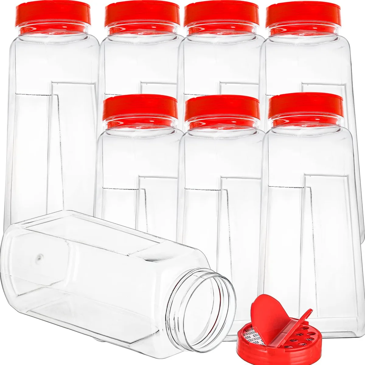 Eight clear plastic jars with red dual-shake lids standing together