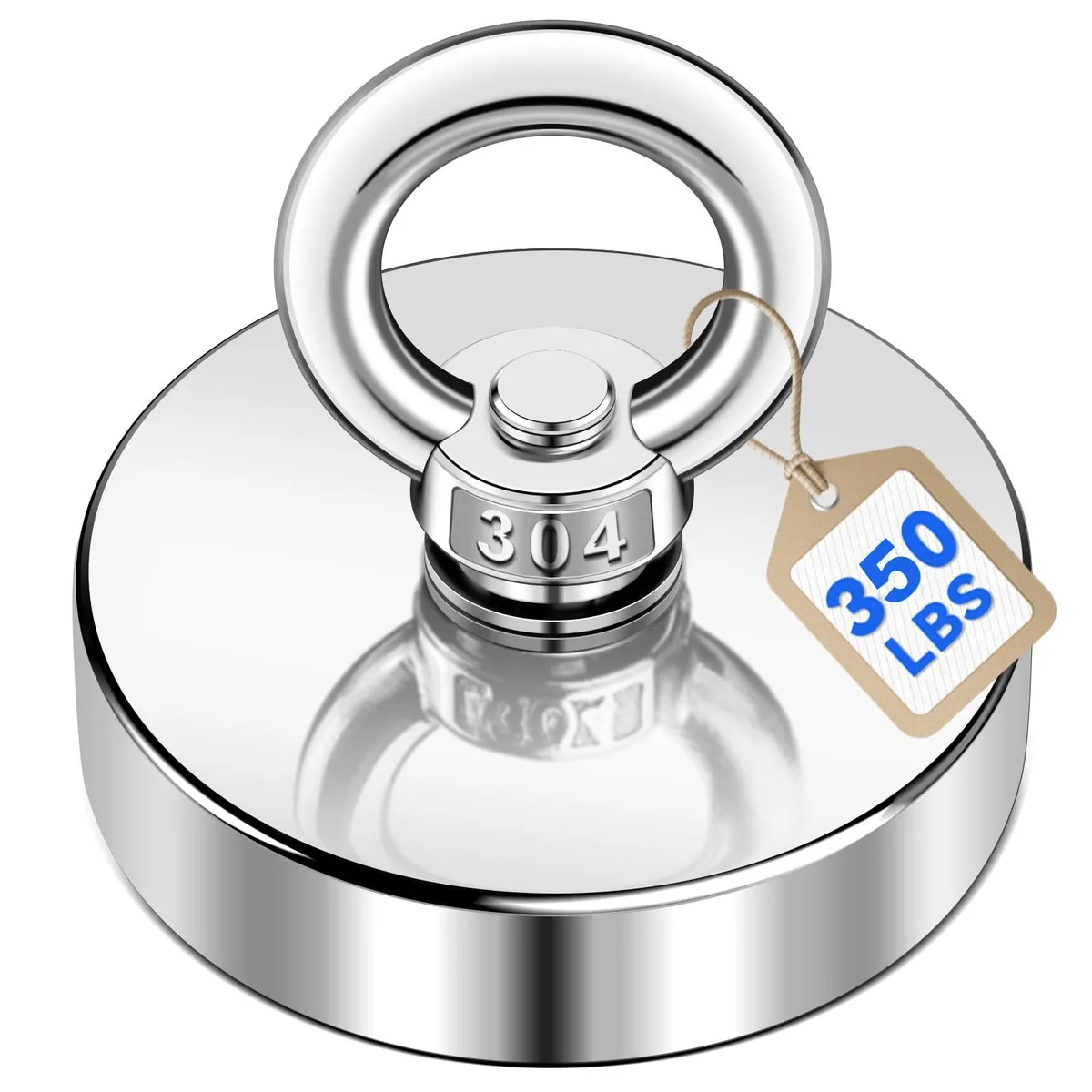 Round silver magnet with steel cup and eyebolt, 50 mm diameter