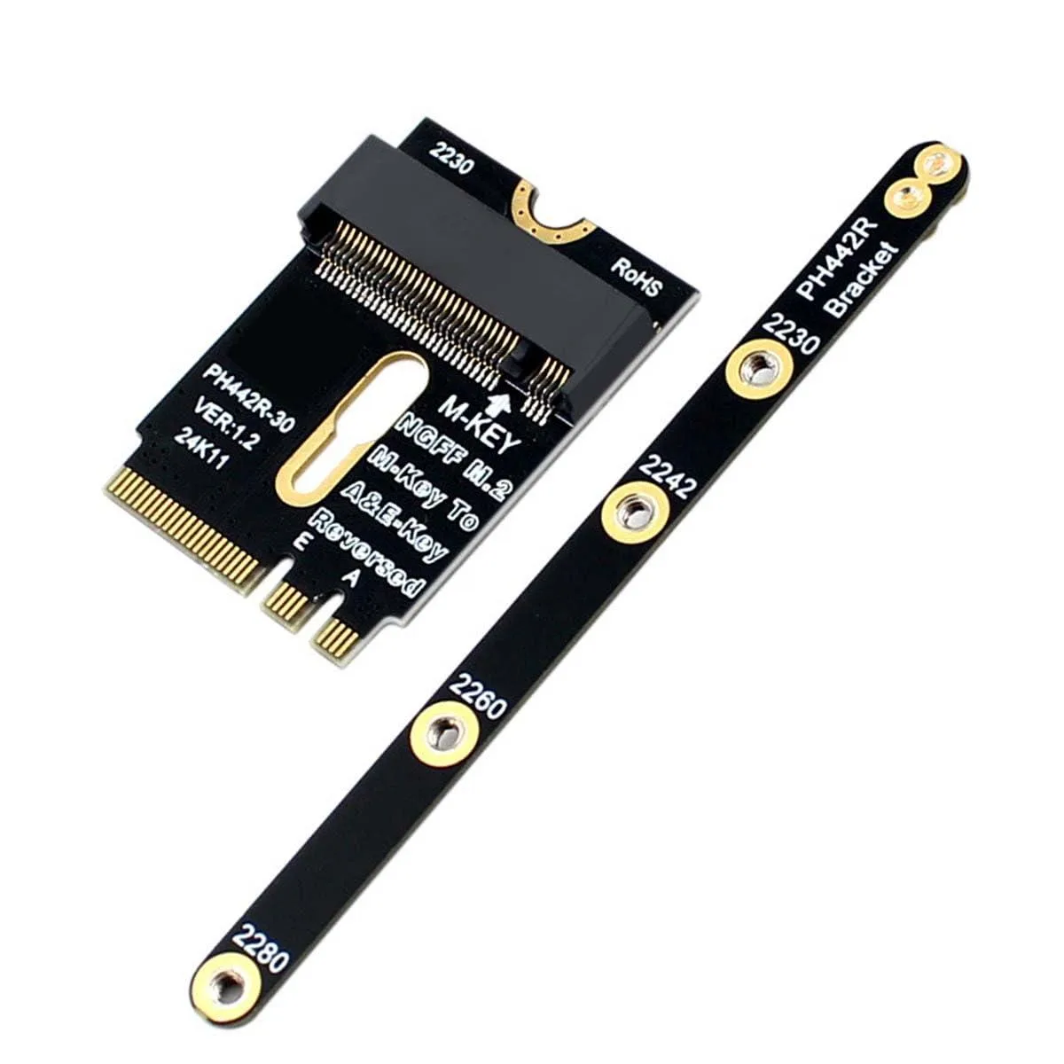 Black rectangular adapter board with gold edge connectors and mounting bracket
