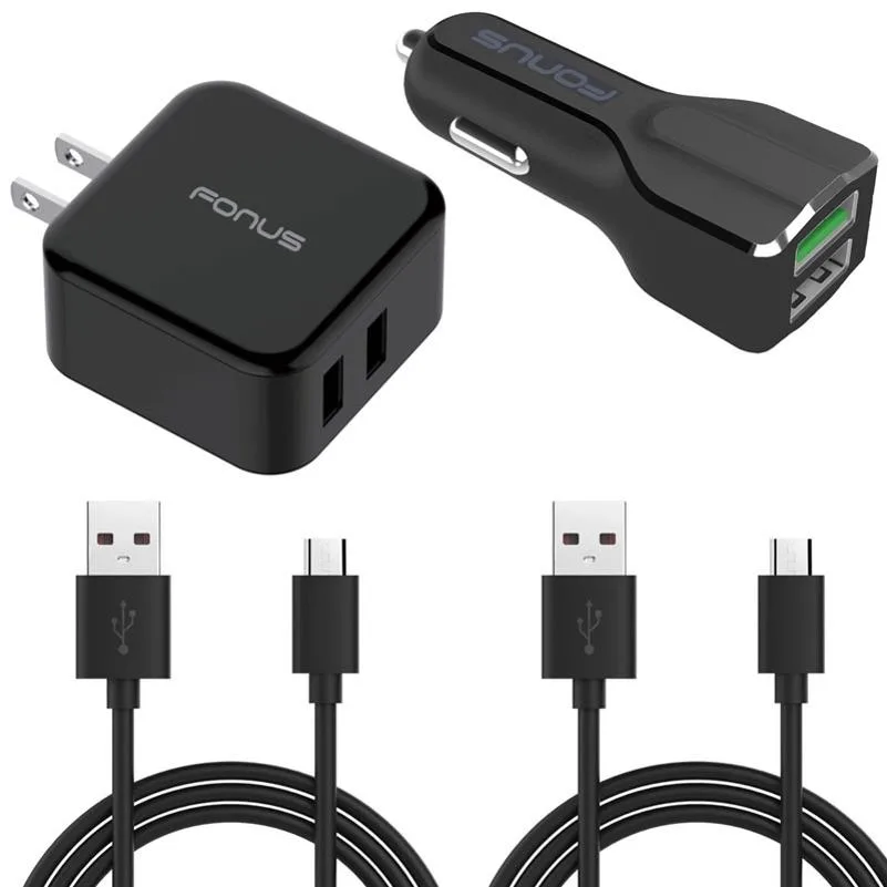 Fonus Fonus 4-in-1 Home Car Charger Bundle 2×6ft Micro-USB Cables Black — product photo