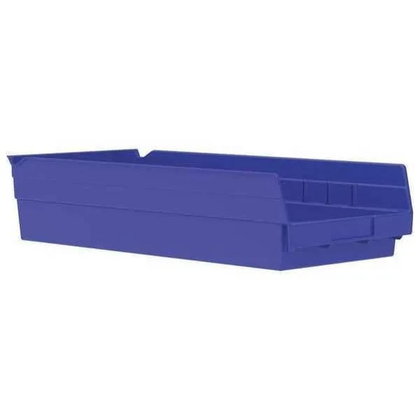 Blue plastic shelf bin, rectangular with open top and label holder