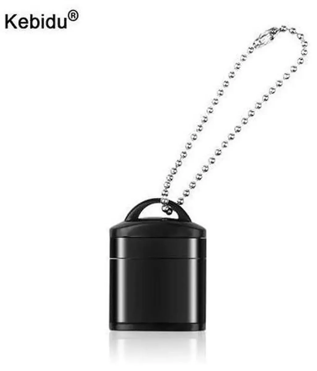 Tiny black USB 2.0 Micro SD card reader on a keychain loop