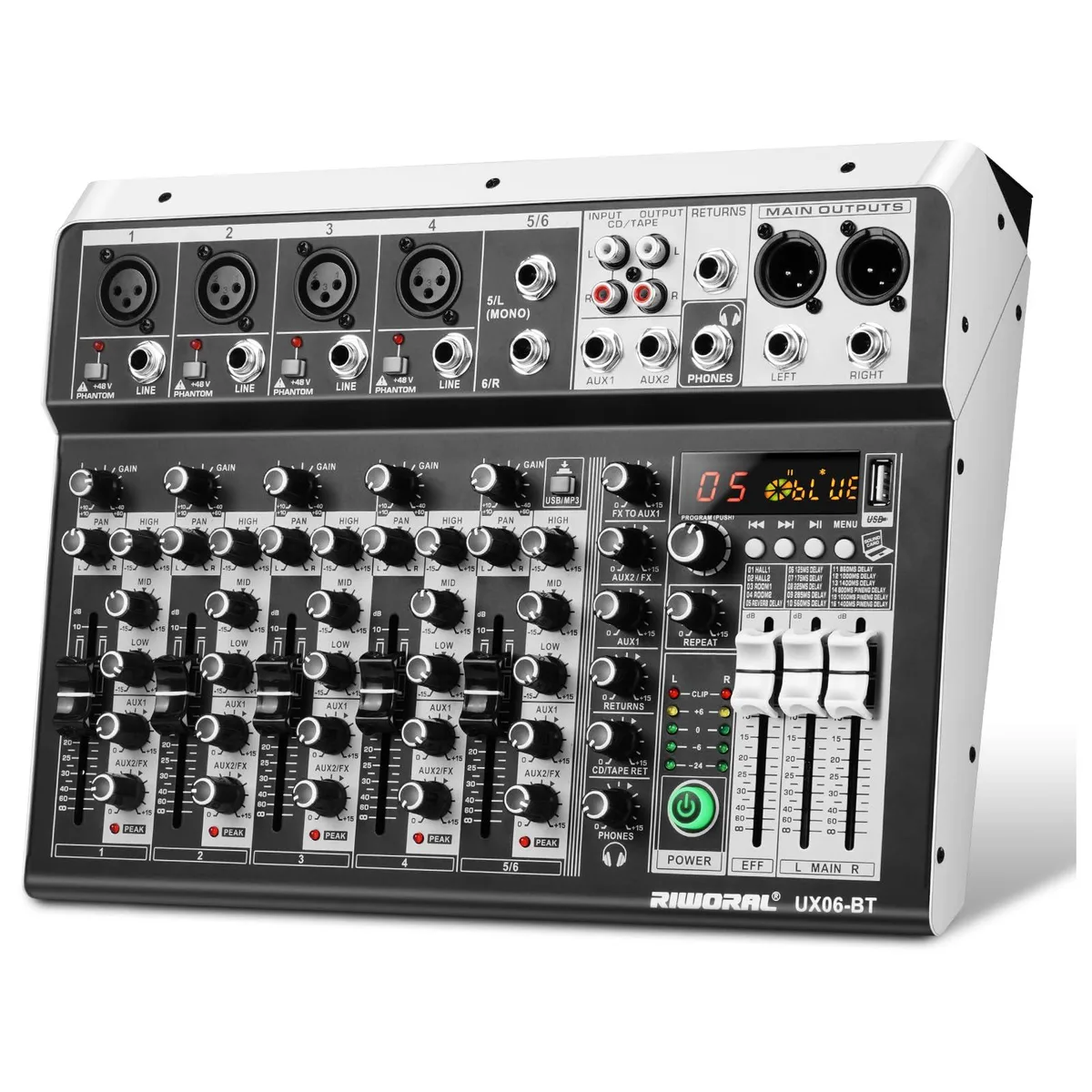 Compact six-channel audio mixer with Bluetooth 5.0, XLR and 6.35 mm jacks, 48 V phantom power, 16 DSP effects and USB port