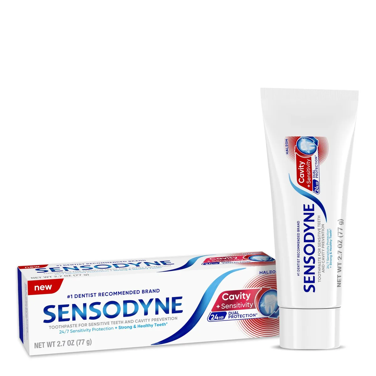 White 2.7 oz Sensodyne toothpaste tube with blue cap